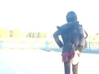 Charming Skinny crossdresser Kimi TV public outdoors bottomless