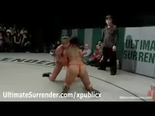 Chicks in bikinis wrestles and strips in ring