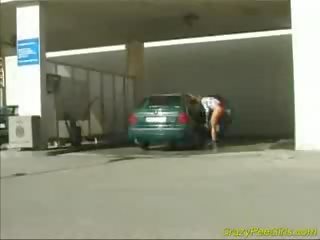 Crazy pee babe at the car wash