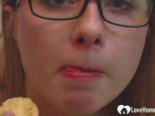 Stepmom with glasses helps with a blowjob