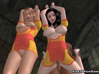 Two attractive tied up 3D cartoon honeys getting fucked