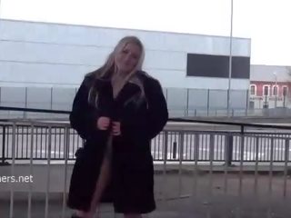 Fascinating blonde Kaz flashing firm tits and milf public